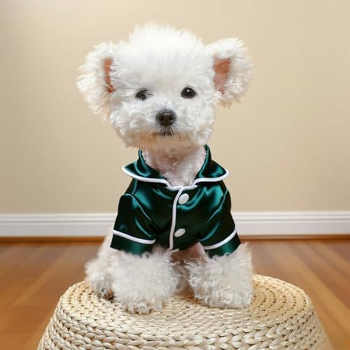 Cat Puppy Costume Elegant Satin Pajamas with Bow Headband 2PCs Set Pet Sleepwear Cute Pet Outfit Cosplay Partywear Photoshoots (Green Set,Medium)