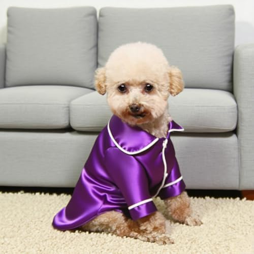 Cat Puppy Costume Elegant Satin Pajamas with Bow Headband 2PCs Set Pet Sleepwear Cute Pet Outfit Cosplay Partywear Photoshoots (Purple Set,Medium)