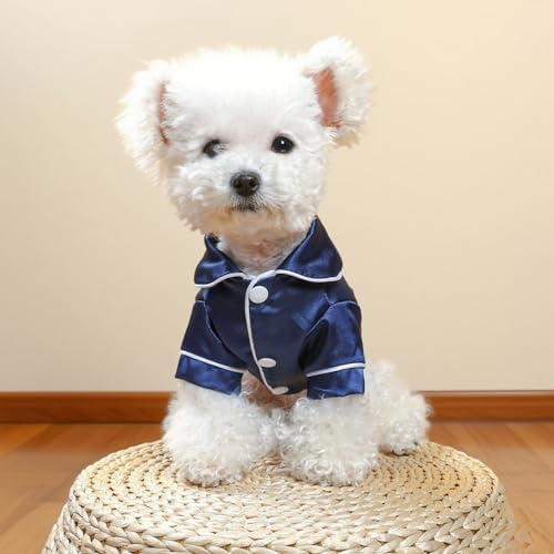 Cat Puppy Costume Elegant Satin Pajamas with Bow Headband 2PCs Set Pet Sleepwear Cute Pet Outfit Cosplay Partywear Photoshoots (Blue Set,Small)