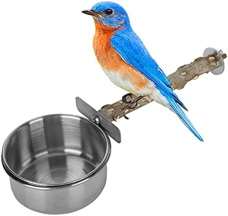 Wood Bird Perch with Bird Feeding Cups Stainless Steel Parrot Food Water Bowls Dish Feeder for Cockatiel Conure Budgies Parakeet [S] Feeding & Watering Supplies