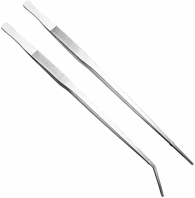 2Pcs set of aquarium water grass tweezers, measuring 18 inches length, with straight and curved ultra long stainless steel Heavy tweezers, reptile feeding pliers, aquarium clip pliers (18")