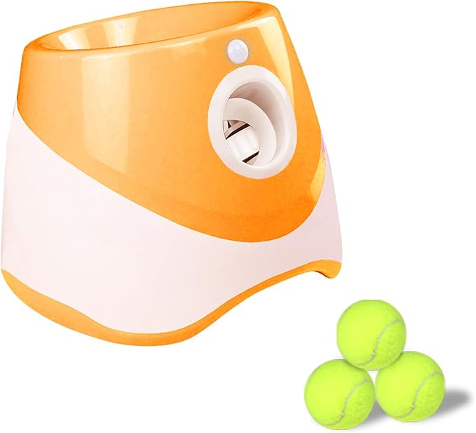 Automatic Dog Ball Thrower with 3 Interactive Tennis Balls, Electric Pet Dog Ball Launcher Interactive Dog Toy,Adjustable Distance Settings for Indoor and Outdoor Play (Orange)