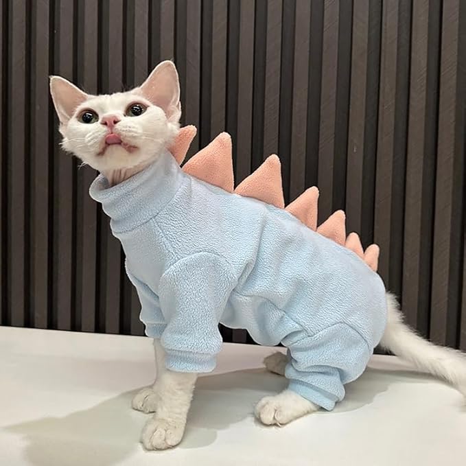 Sphynx cat Clothes, Dinosaur Costume, Hairless Cats Warm Clothes for Cornish Rex and Devon Rex (Blue, L(5.5-8lbs))