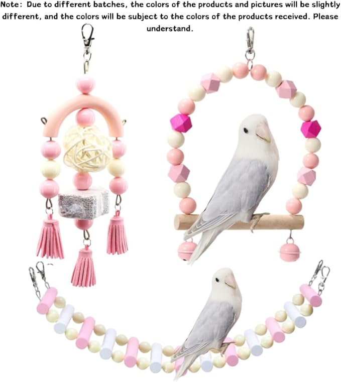 3PCS Bird Toys Bird Foraging Toys Chewing Hanging Birdcage Swing Cage Accessories Parrot Climbing Ladder for Conure Parakeet Cockatiel Budgies Lovebird Parrotlet (Pink)