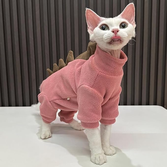 Sphynx cat Clothes, Dinosaur Costume, Hairless Cats Warm Clothes for Cornish Rex and Devon Rex (Red, M(3.5-5.5lbs))