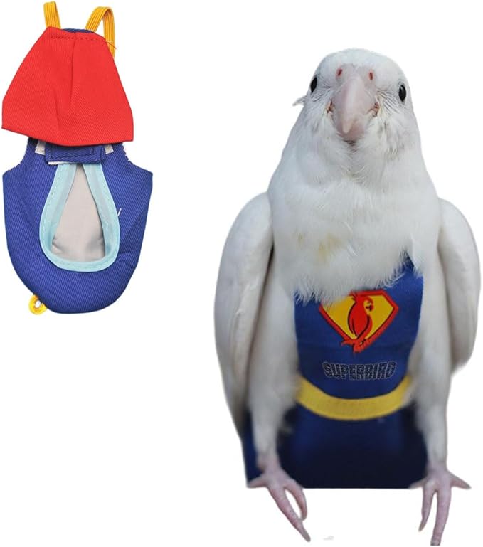 Parrot Flight Suit Diaper (Without Leash) - Reusable Bird Diaper for Budgies, Lovebirds, Cockatiels, and More - Fabric Bird Suit (Blue Superman-S)