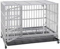 42 inch Heavy Duty Indestructible and Escape-Proof Dog Crate Cage Kennel for Large Dogs, High Anxiety Dog Crate with Removable Wire Trays and Wheels, Extra Large XL XXL, Siliver