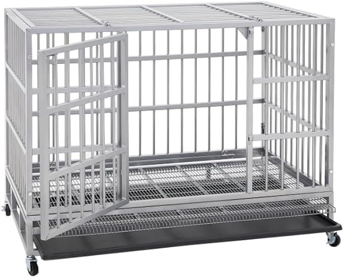 48 inch Heavy Duty Indestructible and Escape-Proof Dog Crate Cage Kennel for Large Dogs, High Anxiety Dog Crate with Removable Wire Trays and Wheels, Extra Large XL XXL, Silver