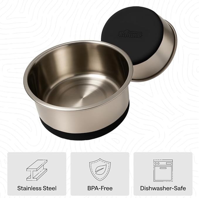 GORILLA GRIP Dog Bowls, Heavy Duty 304 Stainless Steel, Holds 8 Cups Each (64 fl oz) Food and Water Bowl for Feeding Dogs and Cats, Dishwasher Safe, Rust Resistant, BPA Free Rubber Base Set of 2 Black