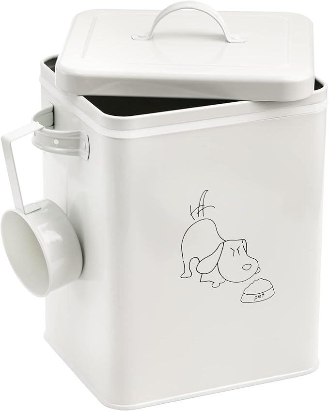 SOUJOY Pet Treat and Food Storage Bin with Lid and Scoop, 5LBS White Vintage Farmhouse Storage Tin, Coated Carbon Steel Canister, Gift for Dogs Owners