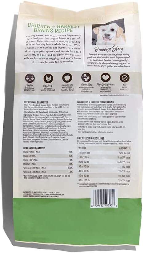 Whole Paws, Dry Dog Food, Chicken & Harvest Grains Recipe, Enhanced with Fiber & Prebiotics, 4 lb