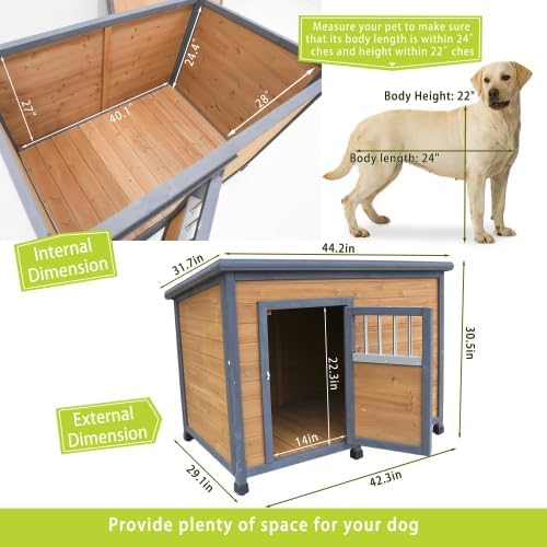 44.2" Large Dog House Outdoor Weatherproof Wooden Dog Kennel, Dog Houses for Large Dogs Outside with XL XLarge Dog House Doghouse, Grey+Yellow