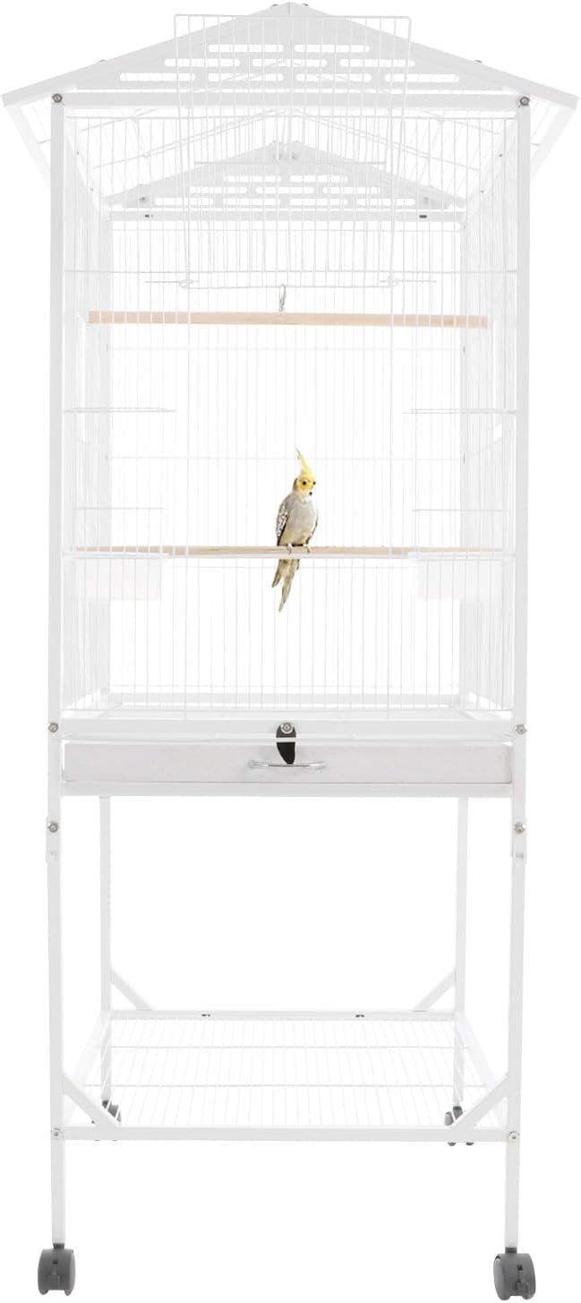 Large Modern Bird Cage 46" for Parrots,Iron Birdcage with Rolling Lockable Wheels & Storage Shelf,Open Top Design & Feeding Doors for Cockatiels Parakeets (White)