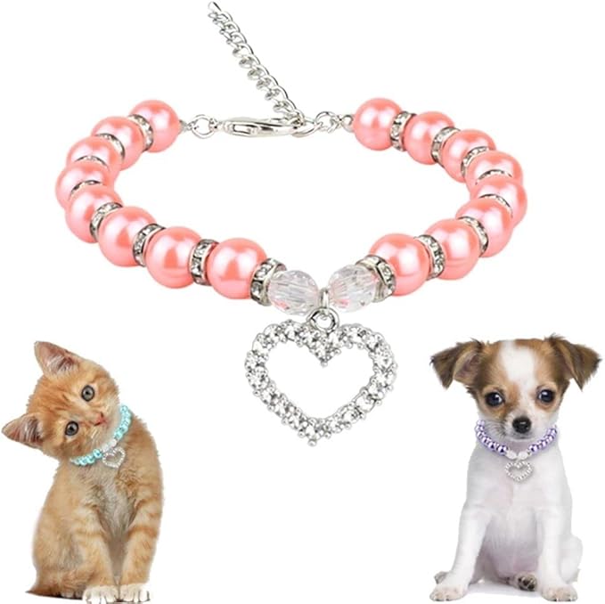 Dog Pearls Collars Crystal Heart Dog Cat Collar, Pet Bling Love Charm Pendant Necklace for Cats Small Dogs Birthday Party Accessories(M,Fuchsia)