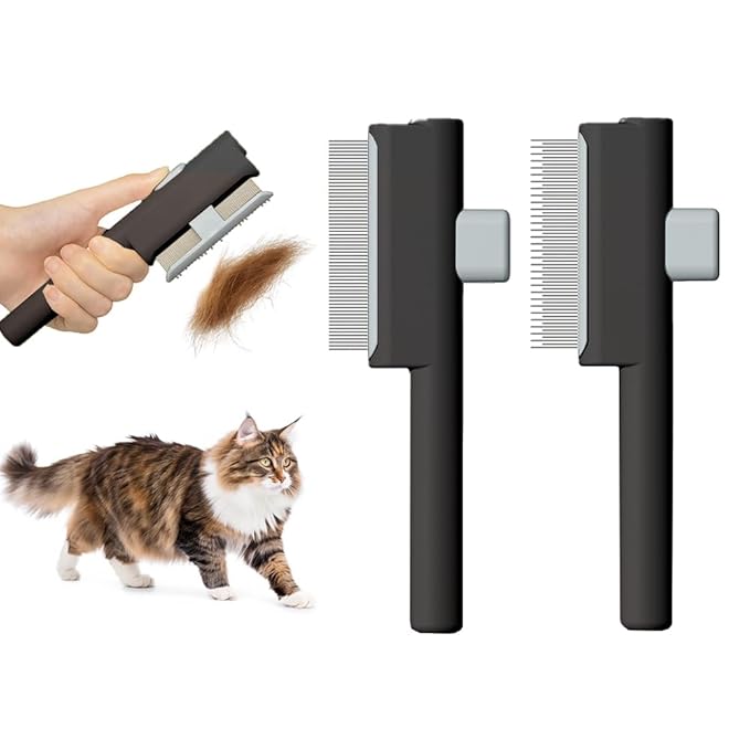 Marchul 2Pcs Pet Comb Flea Comb Set for Cats Dogs, Cat Grooming Brush with Release Button and Stainless Steel Round Teeth, Self-Cleaning Dog Combs for Removing Pet Hair, Knots & Loose Fur, Black