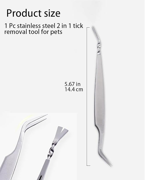 1 Pc Silver 2 in 1 Tick Removal Tool for Pets, Stainless Steel Tick Remover Tools, Professional Tick Tweezers Ticks Remover for Dogs, Cats and Humans, Flea and Tick Control