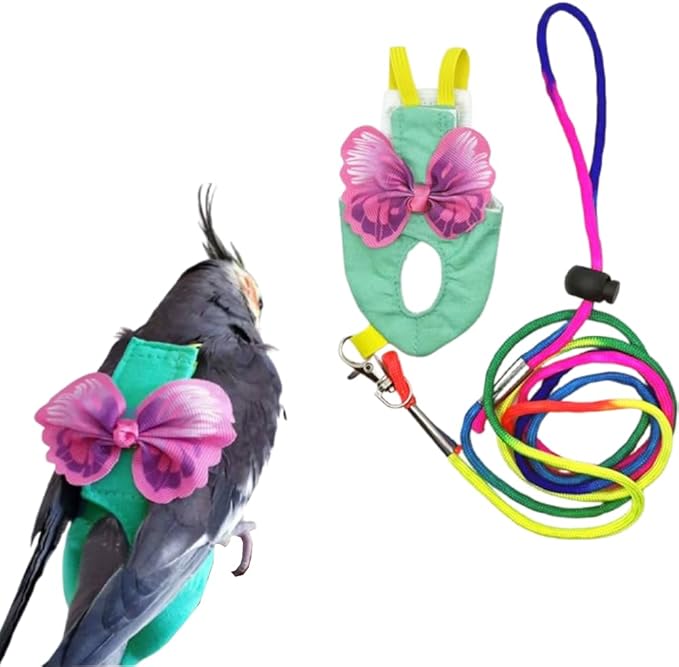 Escape-Proof Parrot Harness & Leash Set with Diaper - Adjustable Flight Suit with Bow & Safety Cord for Conures, African Grey, Parakeets, Doves (Pink-M)