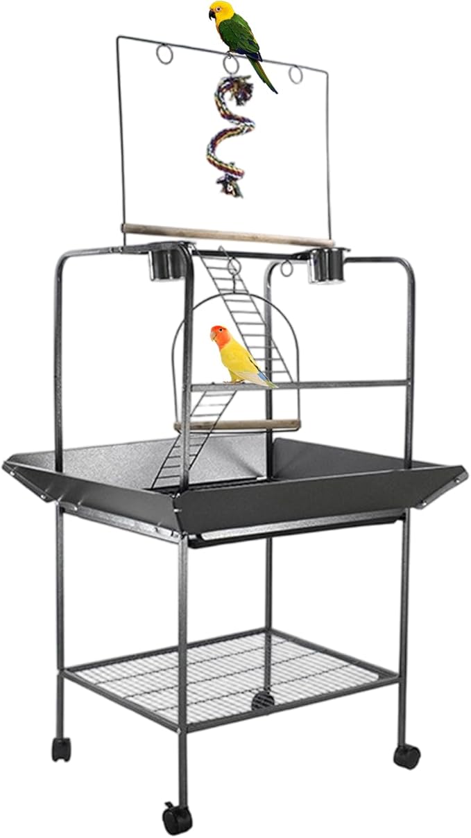 Small Parrot Playstand with Wheels, Bird Stand Activity Play Center with Perches and Ladders, Indoor Outdoor Playground for Birds with Swing Black Hammertone Finish