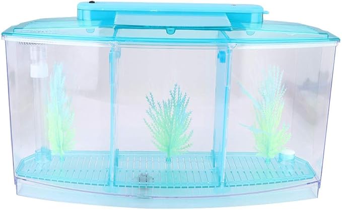 Aquarium Isolation Box Acrylic Breeding Hatchery Small Fishes Incubator Mini Fish Tank LED Acrylic Three Divisions Breeding Isolation Box for Small Fishes(Blue)