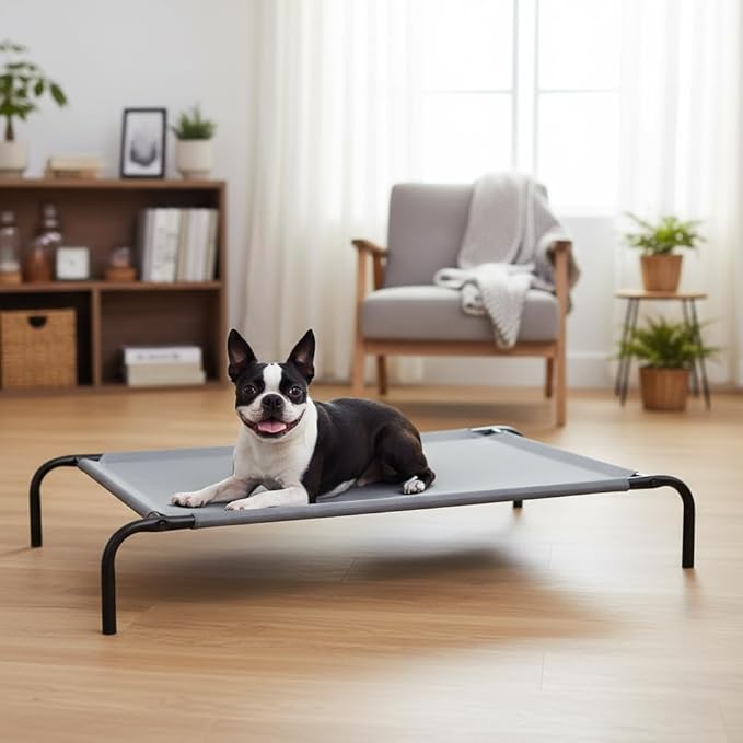 Amazon Basics Cooling Breathable Elevated Dog Bed with Metal Frame for Large Dogs, 51 x 31 x 8 Inch, Grey
