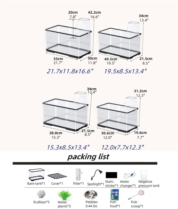4 Gallon Fish Tank, Small Tabletop Fish Tank, Aquarium with Negative Pressure Tank, Fish Aquarium with Spotlight and Water Pump, Betta Fish Tank Starter Set(White,21.7x11.8x16.6in)