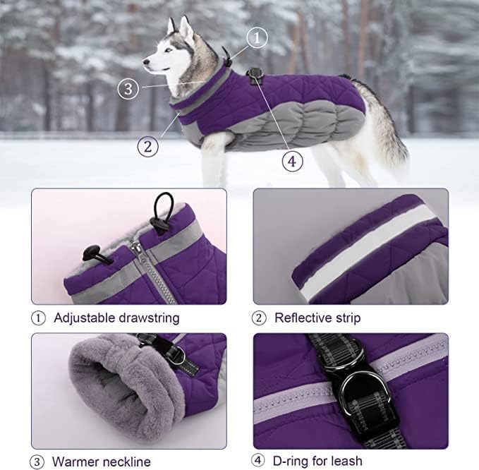 LeLePet Warm Dog Winter Coat, Waterproof Fleece, Windproof, Reflective, Turtleneck, Harness, Purple, XXX-Large
