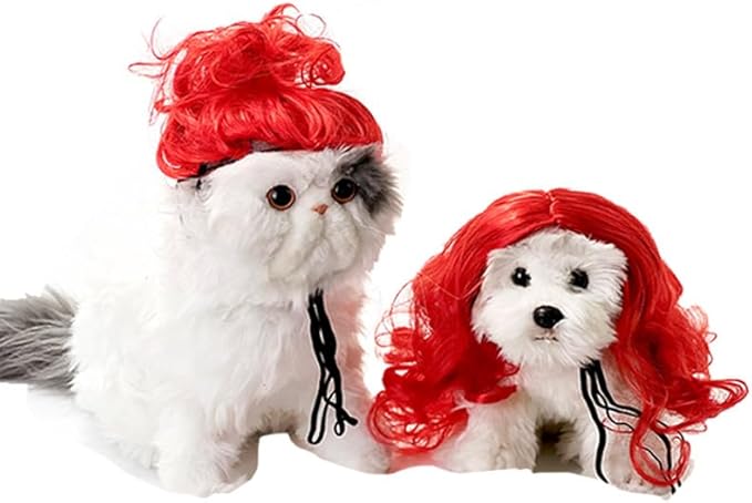 Red Funny pet Wig – DIY Haircut & Adjustable Fit – Red Wig Mermaid Costume for Pets Cat & Dog Costume for Halloween, Party, Photo Shoots – 3D Natural Look – Fits 5kg-50kg Pets
