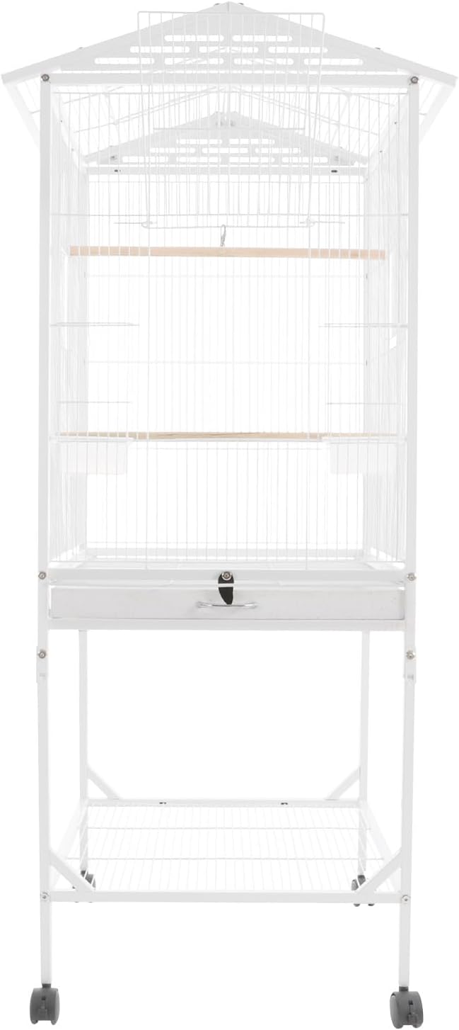 Large Bird Cage with Stand & Wheels, Freestanding Parakeet Birdcage with Wooden Stands & Feeding Cups, 49.2 Inch Bird Flight Cages for Parrot Canaries Cockatiels Budgie Parrotlet (White-C)