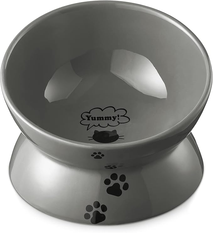 Y YHY Raised Cat Food Bowl, Ceramic Elevated Bowl, Protects Cat's Spine, Anti Vomiting, Backflow Prevention, Grey