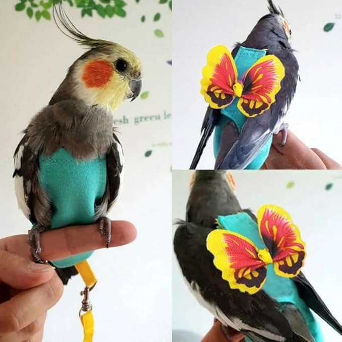 Escape-Proof Parrot Harness & Leash Set with Diaper - Adjustable Flight Suit with Bow & Safety Cord for Conures, African Grey, Parakeets, Doves (Yellow-M)