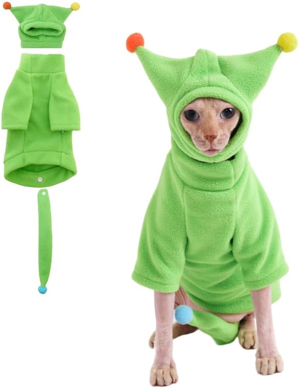 Sphynx Cat Clothes, Warm Cat Jumpsuit with Hat and Tail Cover, Full Set for Hairless Cats, Cornish Rex and Devon Rex (Green, M(4.5-5.5lbs))