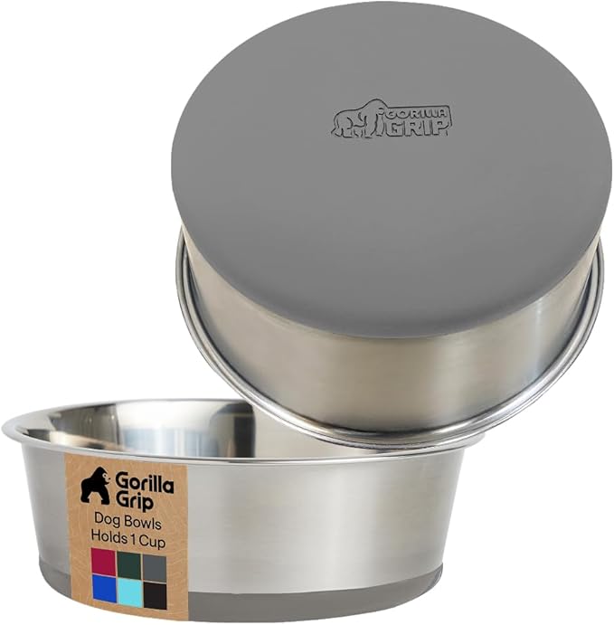 GORILLA GRIP Dog Bowls, Holds 1 Cup Each (8 fl oz), Heavy Duty Stainless Steel Food and Water Bowl for Feeding Dogs and Cats, Dishwasher Safe, Rust Resistant Metal, BPA Free Rubber Base, Set of 2 Gray