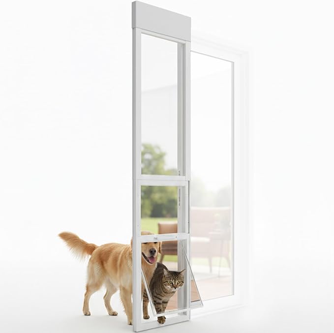 Anti-Shatter Dog Door for Sliding Glass Door,White Sliding Glass Dog Door,No-Cut DIY Installation,Aluminum Frame & Secure Lock for Large Dogs (Large- for 88.6-94.5inch)