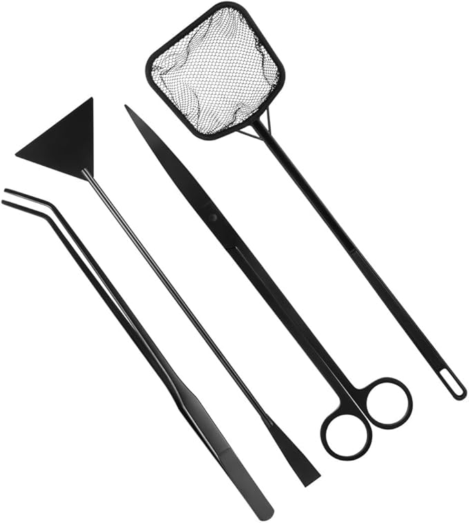 4-in-1 Tool Kit for Small Aquariums, Includes Curved Scissors, Tweezers, Sand Spatula & Fish Net