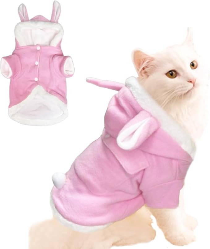 ANIAC Bunny Ears Cat Costume Plush Dog Hoodies with Pocket Sweater Cute Kitten Cat Clothes Warm Rabbit Ears Outfit with Hood for Small Dog Cat and Puppy (Pink-2, Large)