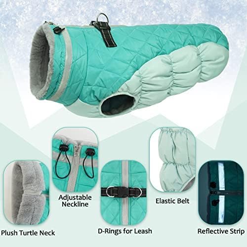 Lelepet Dog Coat Warm Dog Winter Coat Waterproof Dogs Jacket with Harness Built in Reflective Pet Fleece Vest Zip-Up Cold Weather Coats for Small Dogs Turtleneck Windproof Coats Yorkie Mint Green S