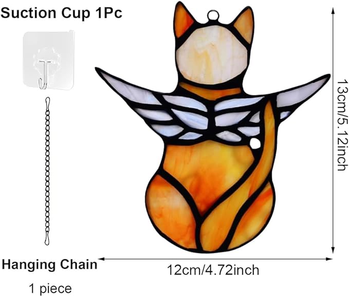 Angel Cat Memorial Ornament, Acrylic Window Hanging Decoration for Cat Lovers, Wings Suncatcher Decor, Pet Sympathy Gift Statue (Orange)