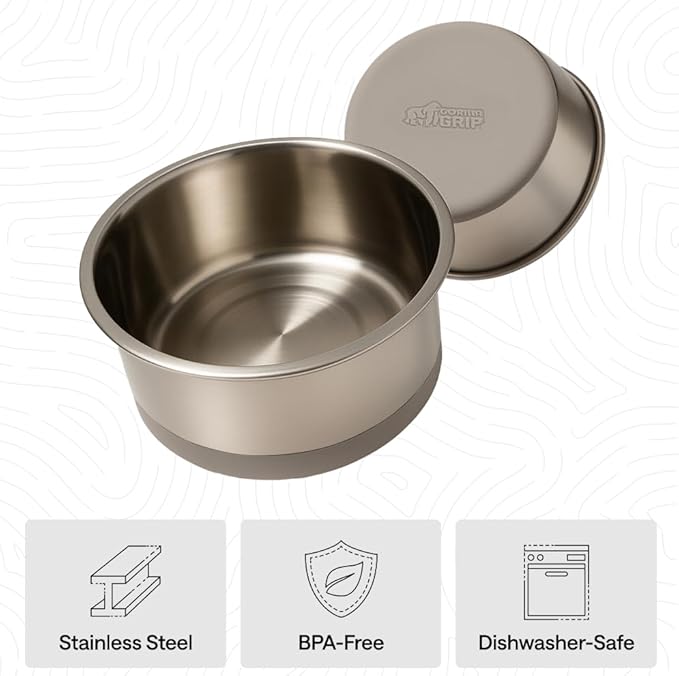 GORILLA GRIP Dog Bowls, Heavy Duty 304 Stainless Steel, Holds 8 Cups Each (64 fl oz) Food and Water Bowl for Feeding Dogs and Cats, Dishwasher Safe, Rust Resistant, BPA Free Rubber Base Set of 2 Beige