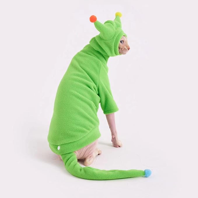 Sphynx Cat Clothes, Warm Cat Jumpsuit with Hat and Tail Cover, Full Set for Hairless Cats, Cornish Rex and Devon Rex (Green, S(2-3.5lbs))