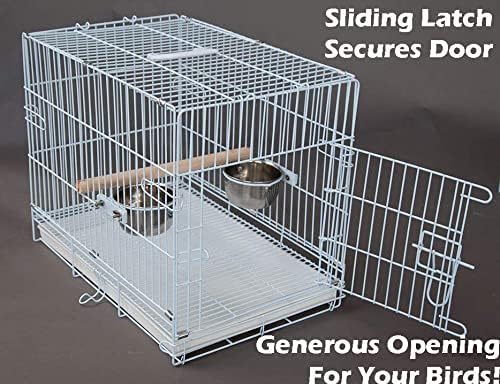 White Durable Metal Easy Foldable Travel Vet Carrier Perch Stand Metal Cage Prevent Your Parrot Bird Prevent Beaks Out Stainless Feeder Cups Natural Wooden Perch Stand