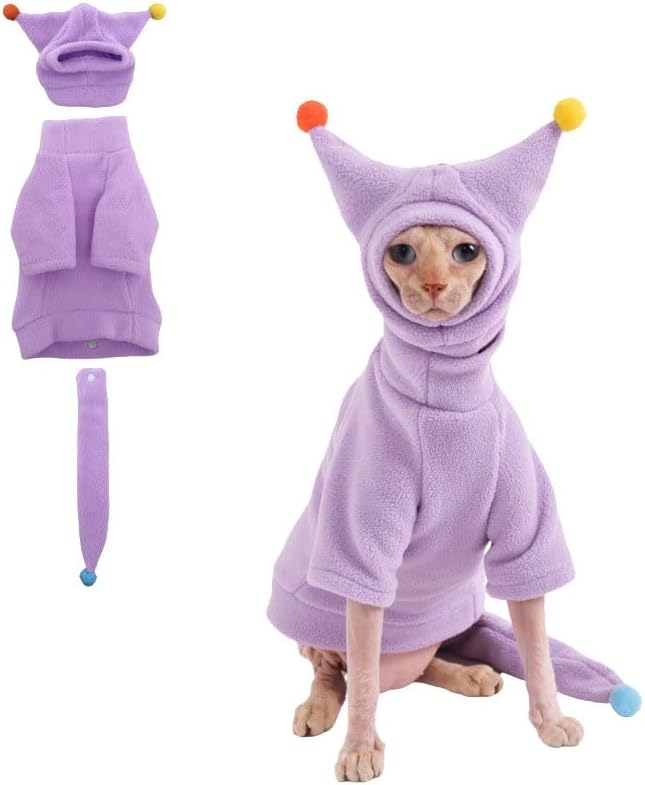 Sphynx Cat Clothes, Warm Cat Jumpsuit with Hat and Tail Cover, Full Set for Hairless Cats, Cornish Rex and Devon Rex (Purple, S(2-3.5lbs))