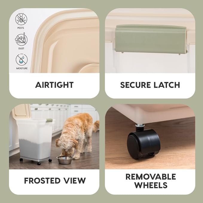 IRIS USA Airtight Dog Food Storage Container, WeatherPro, Up to 40 lbs, Removable Wheels, for Dog Cat Bird and Other Pet Food Storage Bin, Keep Fresh, Translucent Body, Made in USA, Pearl/Almond