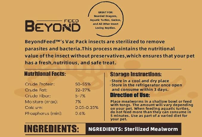 BeyondFeed™ Fresh Feeder Vac Pack Mealworms, All Natural and Preservative-Free, Ideal for Insect-Eating Reptiles, Birds, Tropical Fish, and Small Animals, 0.7 oz/ 20g *6 Packs Bundle