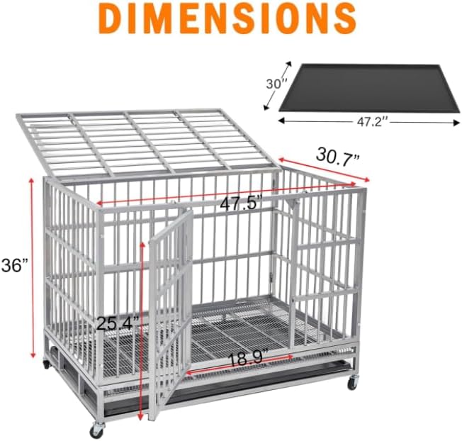 48 inch Heavy Duty Indestructible and Escape-Proof Dog Crate Cage Kennel for Large Dogs, High Anxiety Dog Crate with Removable Wire Trays and Wheels, Extra Large XL XXL, Silver