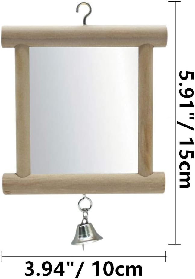 Litewoo Bird Mirror Wooden Hanging Swing Interactive Play Toys for Small Parrot Budgies Macaw African Grey Parakeet Cockatiel Conure Lovebird Cage Accessories (Bird Mirror with Bell-ONE)