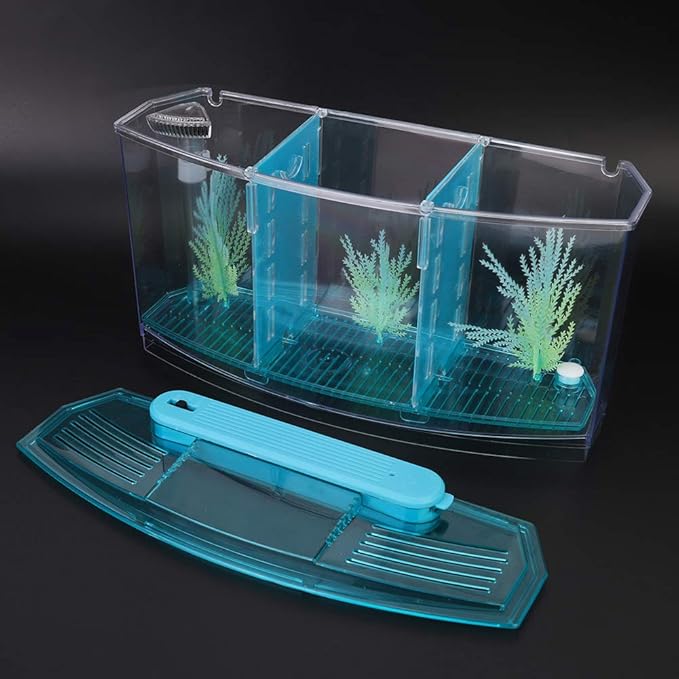 AYNEFY Mini Fish Breeding Box,Aquarium Fish LED Acrylic Three Divisions Small Fishes Isolation Incubator Breeding Hatchery for Guppy Shrimp Fishes (Blue)
