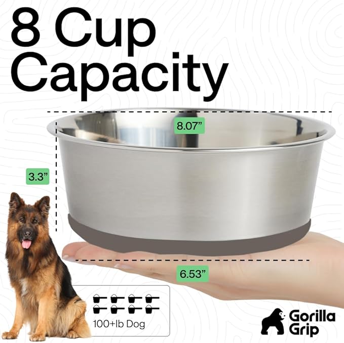 GORILLA GRIP Dog Bowls, Heavy Duty 304 Stainless Steel, Holds 8 Cups Each (64 fl oz) Food and Water Bowl for Feeding Dogs and Cats, Dishwasher Safe, Rust Resistant, BPA Free Rubber Base Set of 2 Beige