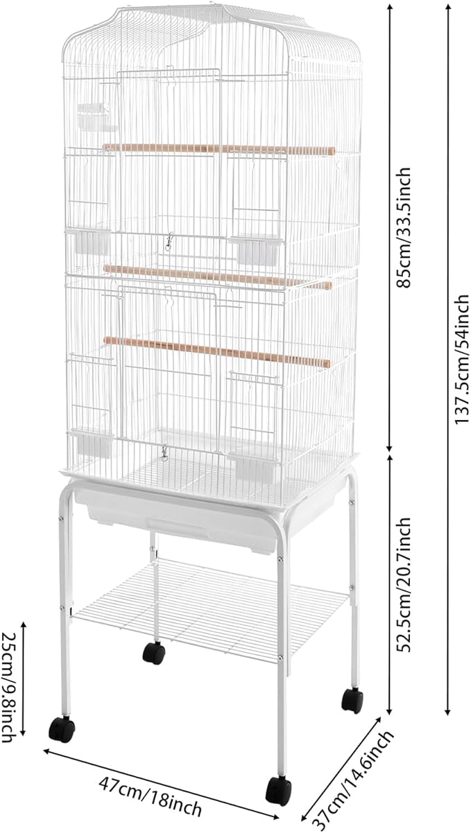 Large Rolling Bird Cage with Stand & Storage Shelf, 4-Tier Stackable Parrot Aviary for Cockatiels, Parakeets & Finches, Metal Birdcage with Slide-Out Tray, Feeding Bowls & Wheels (White)