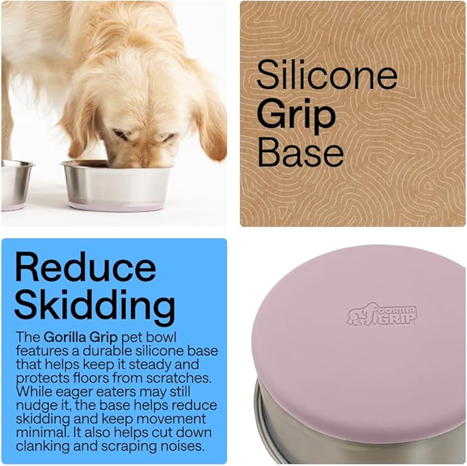 GORILLA GRIP Set of 2 Dog Bowls, Holds 8 Cups (64 fl oz), Heavy Duty Metal Food and Water Bowl for Feeding Dogs and Cats, Dishwasher Safe, Rust Resistant Stainless Steel, BPA Free Rubber Base, Lt Pink