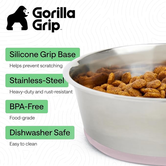 GORILLA GRIP Dog Bowls, Heavy Duty 304 Stainless Steel, Holds 2 Cups Each (16 fl oz) Food and Water Bowl for Feeding Dogs and Cats, Dishwasher Safe, Rust Resistant, BPA Free Rubber Base Set of 2 Pink